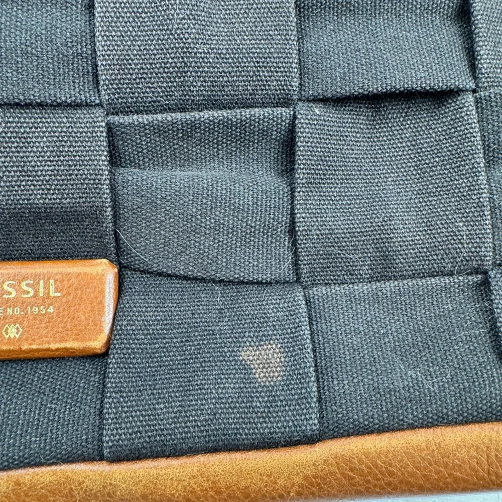 Fossil Woven Canvas Tote Bag Black Brown Leather Trim Shoulder Bag Key Fob